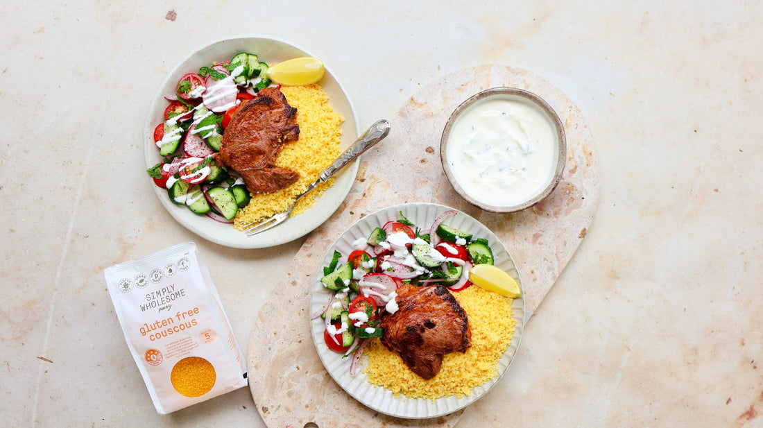 Spiced Lamb Bowls with GF Couscous, Sumac Salad & Creamy Dill Sauce 
