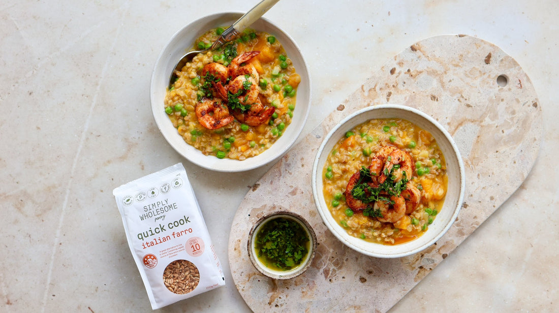 Spiced Prawns with Pumpkin, Pea & Farro Risotto