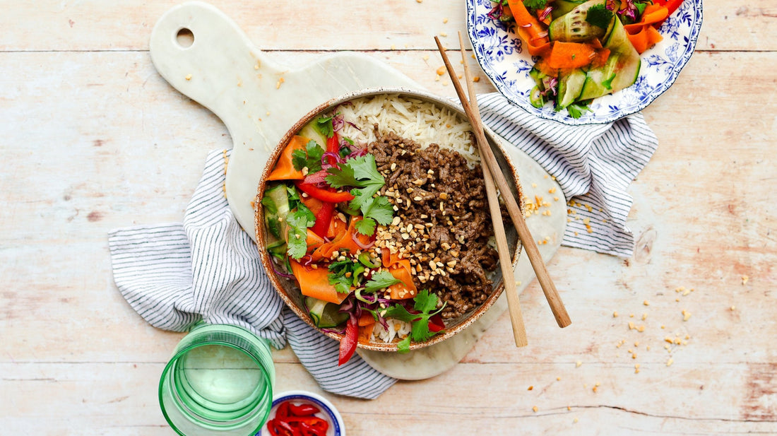 Asian Beef Bowls with Zingy Salad &amp; Coconut Rice