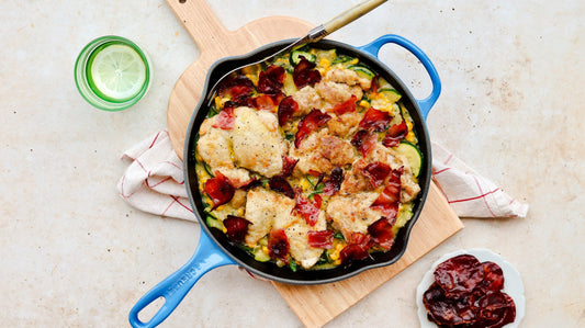 Creamy Chicken with Corn, Zucchini &amp; Crispy Prosciutto