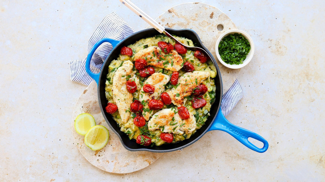 Creamy Risoni with Chicken, Cherry Tomatoes &amp; Spinach