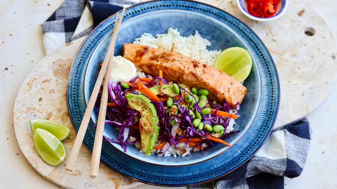 Rainbow Teriyaki Salmon Bowls with Edamame &amp; Rice