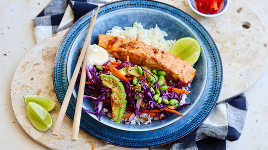 Rainbow Teriyaki Salmon Bowls with Edamame &amp; Rice