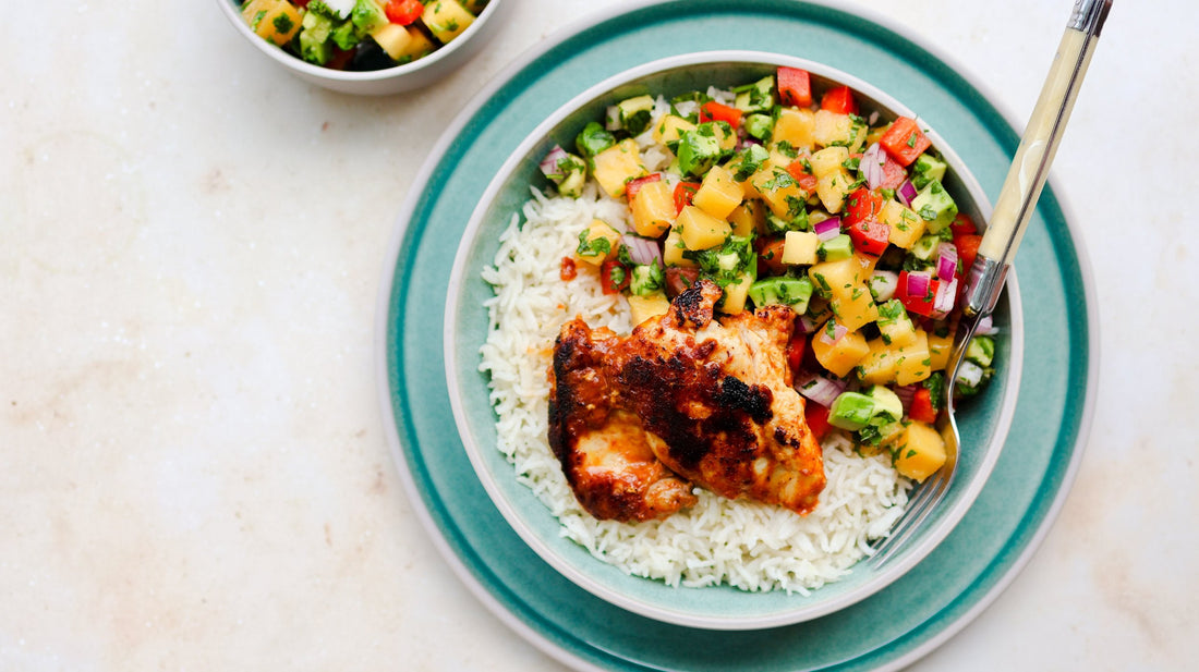 Spiced Chicken with Mango Salsa and Coconut Rice