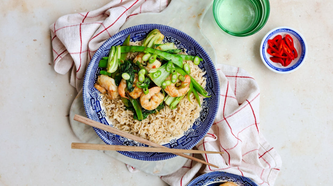 Sweet Chilli Prawns with Asian Greens &amp; Rice