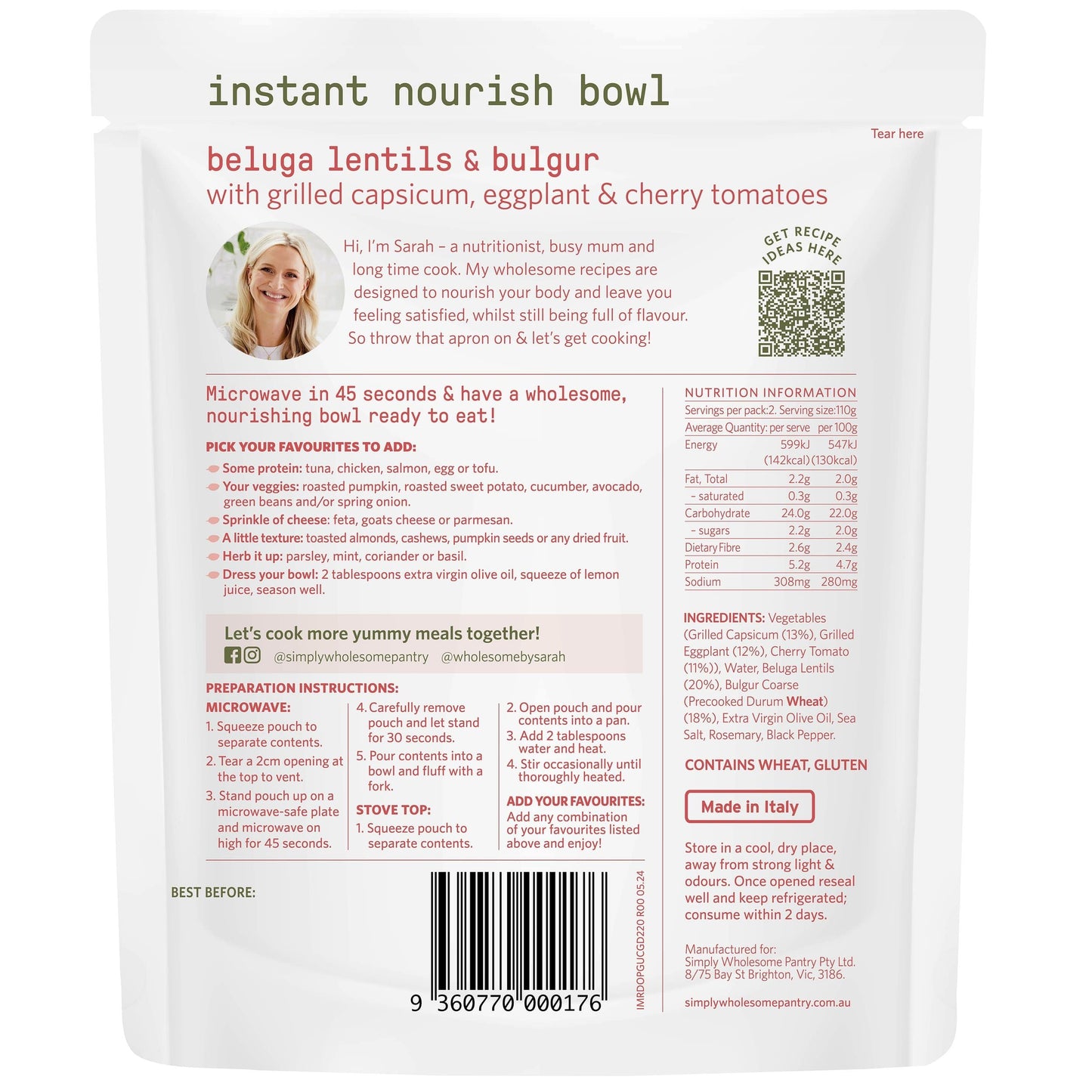 Nourish Bowl Beluga Lentils & Bulgur with Grilled Capsicum, Eggplant & Cherry Tomatoes - 6 Pack Bundle
