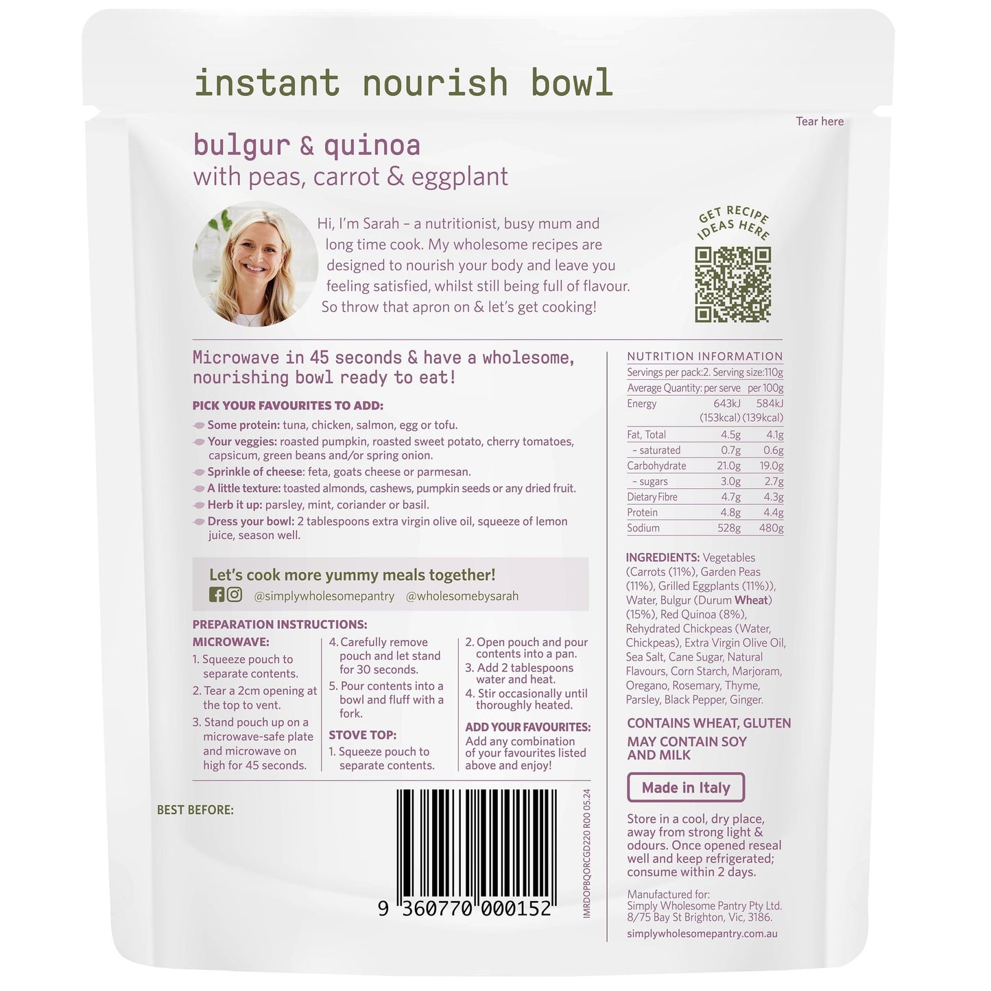 Nourish Bowl Bulgur & Quinoa with Peas, Carrot & Eggplant - 6 Pack Bundle