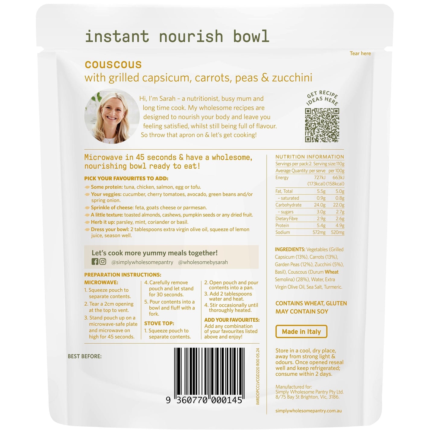 Nourish Bowl Couscous with Grilled Capsicum, Carrots, Peas & Zucchini - 6 Pack Bundle